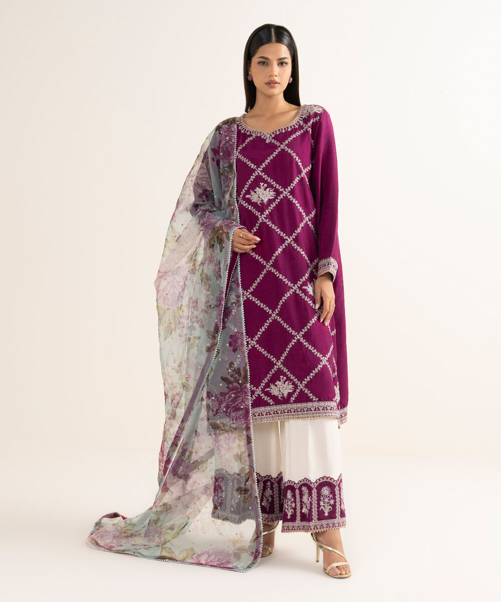 Women's RTW Raw Silk Purple Embroidered 3 Piece Suit