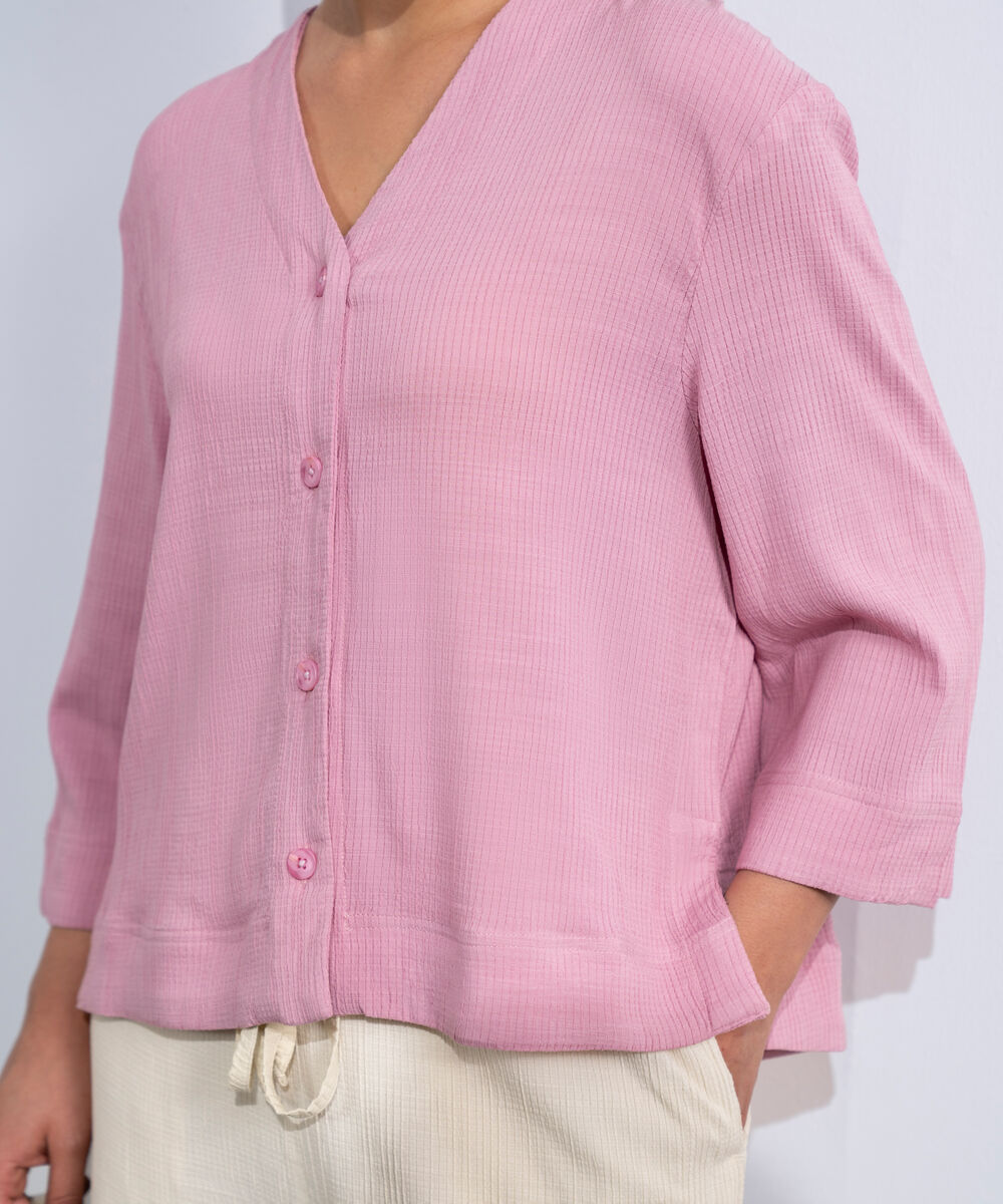 Women's Western Pink V-Neck Seersucker Shirt