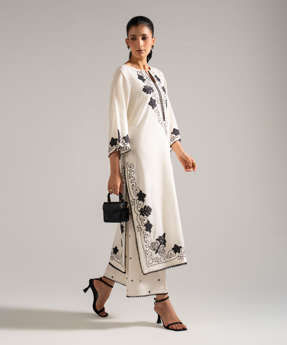 Women's RTW Dobby Embroidered White 2 Piece Suit