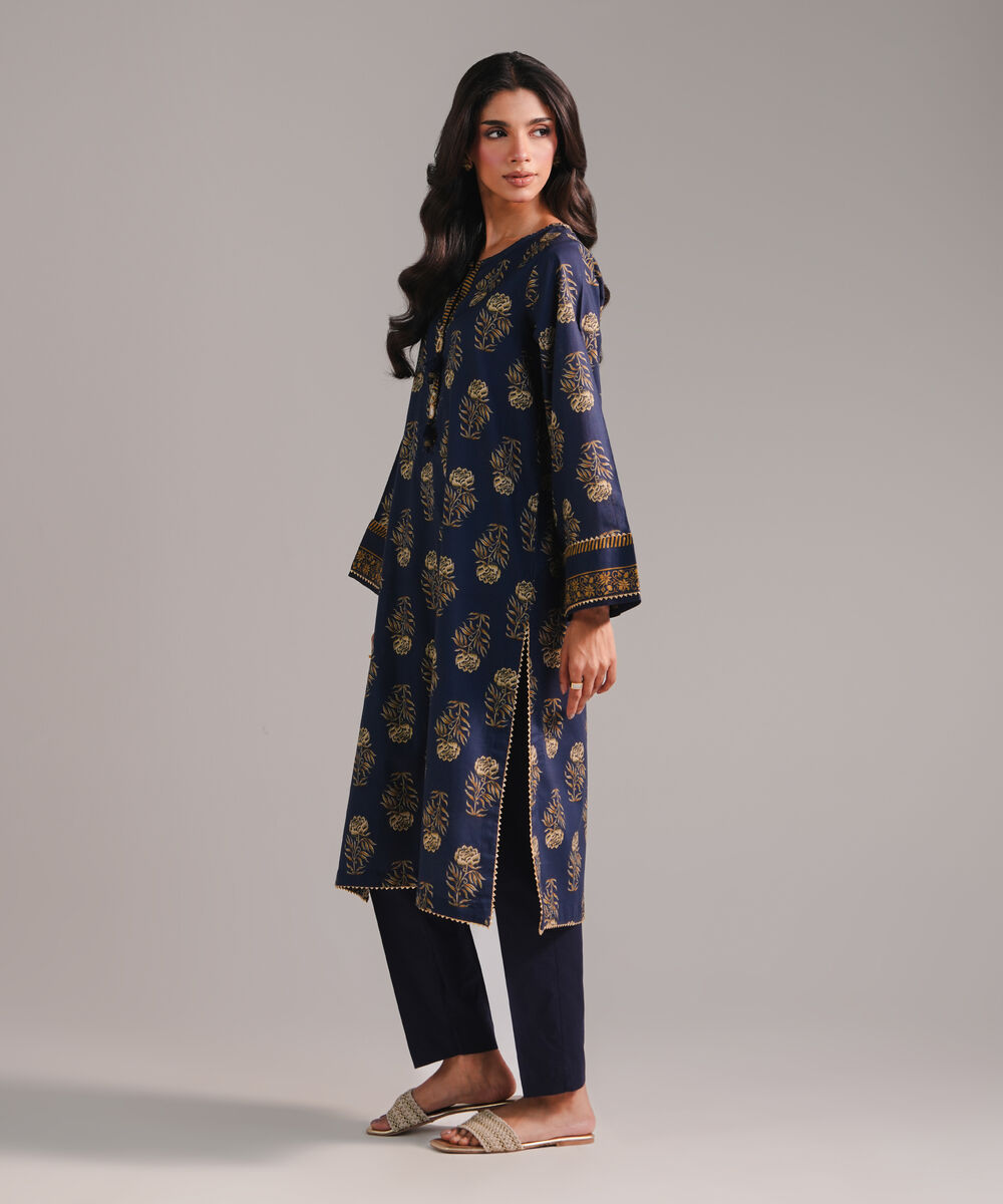 Women's RTW Textured Cotton Printed Dark Blue Straight Shirt