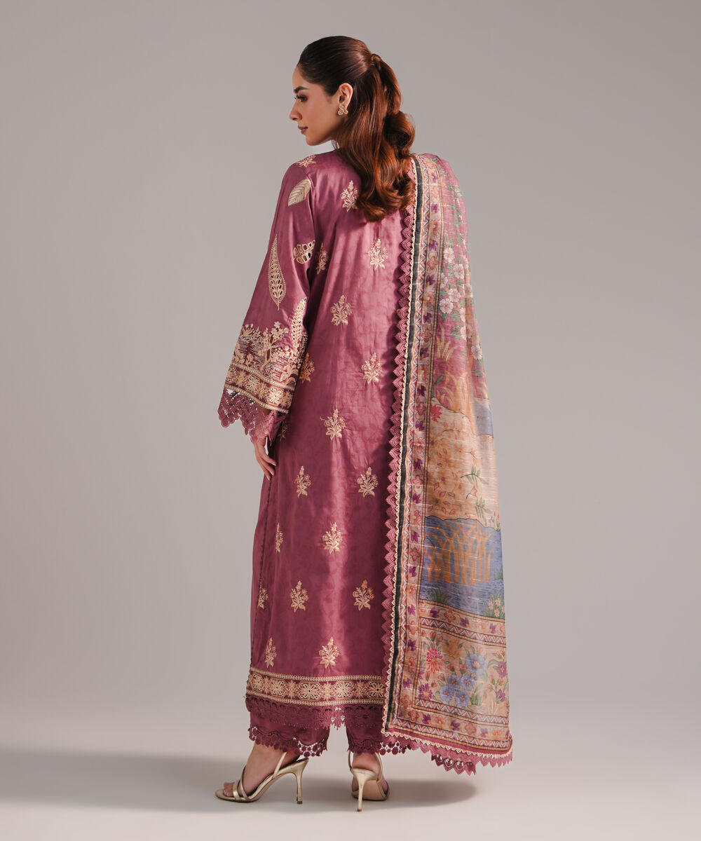 Women's RTW Self Jacquard Embroidered Muted Mauve 3 Piece Suit