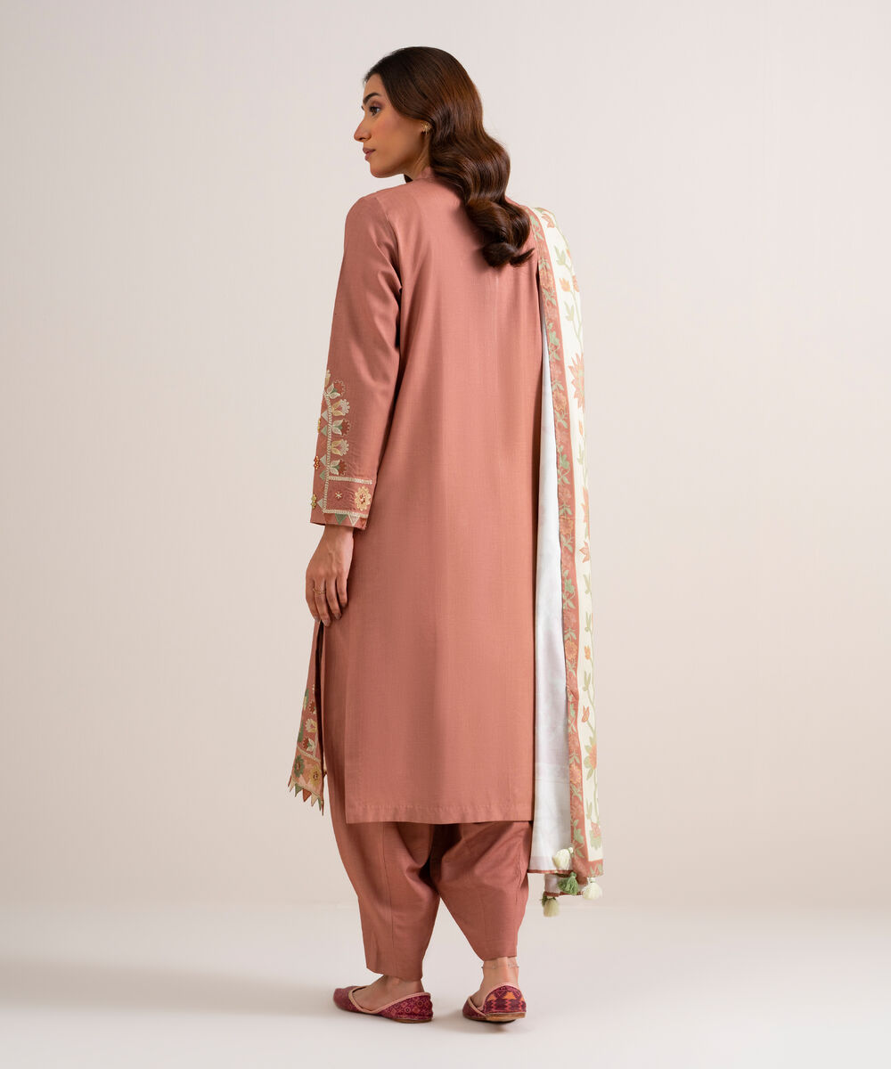Women's Unstitched Embroidered Linen Tea Pink 3 Piece Suit
