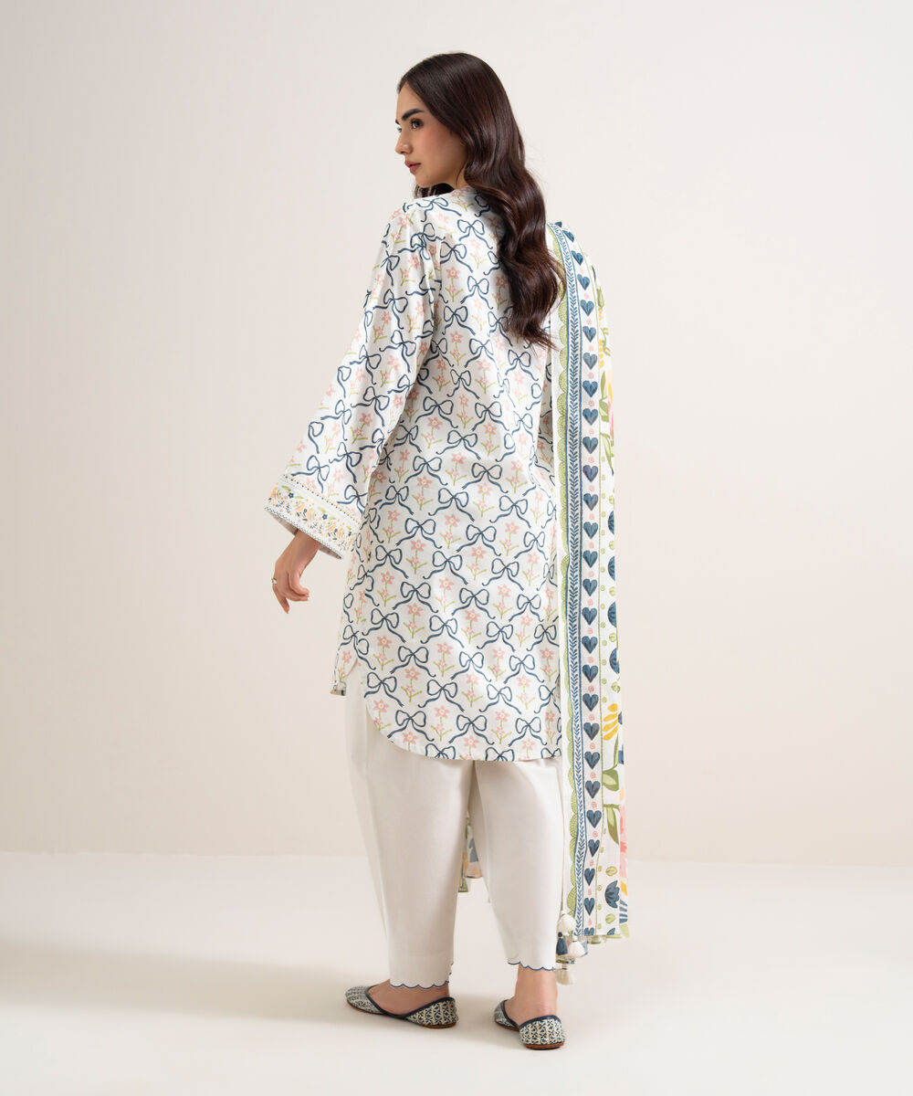 Women's Unstitched Lawn Printed Off White & Blue  3 Piece Suit