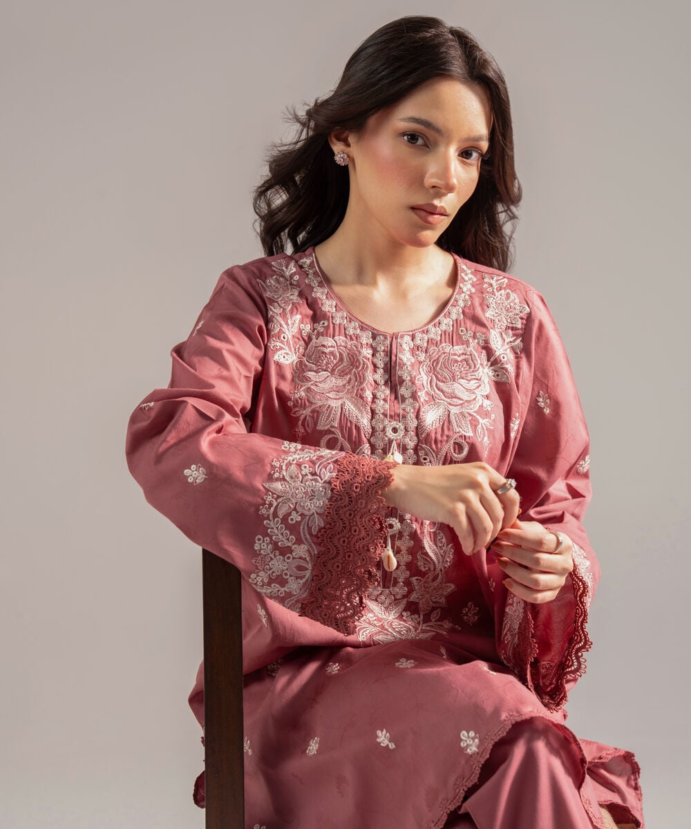 Women's RTW Self Jacquard Embroidered Straight Mauve Shirt