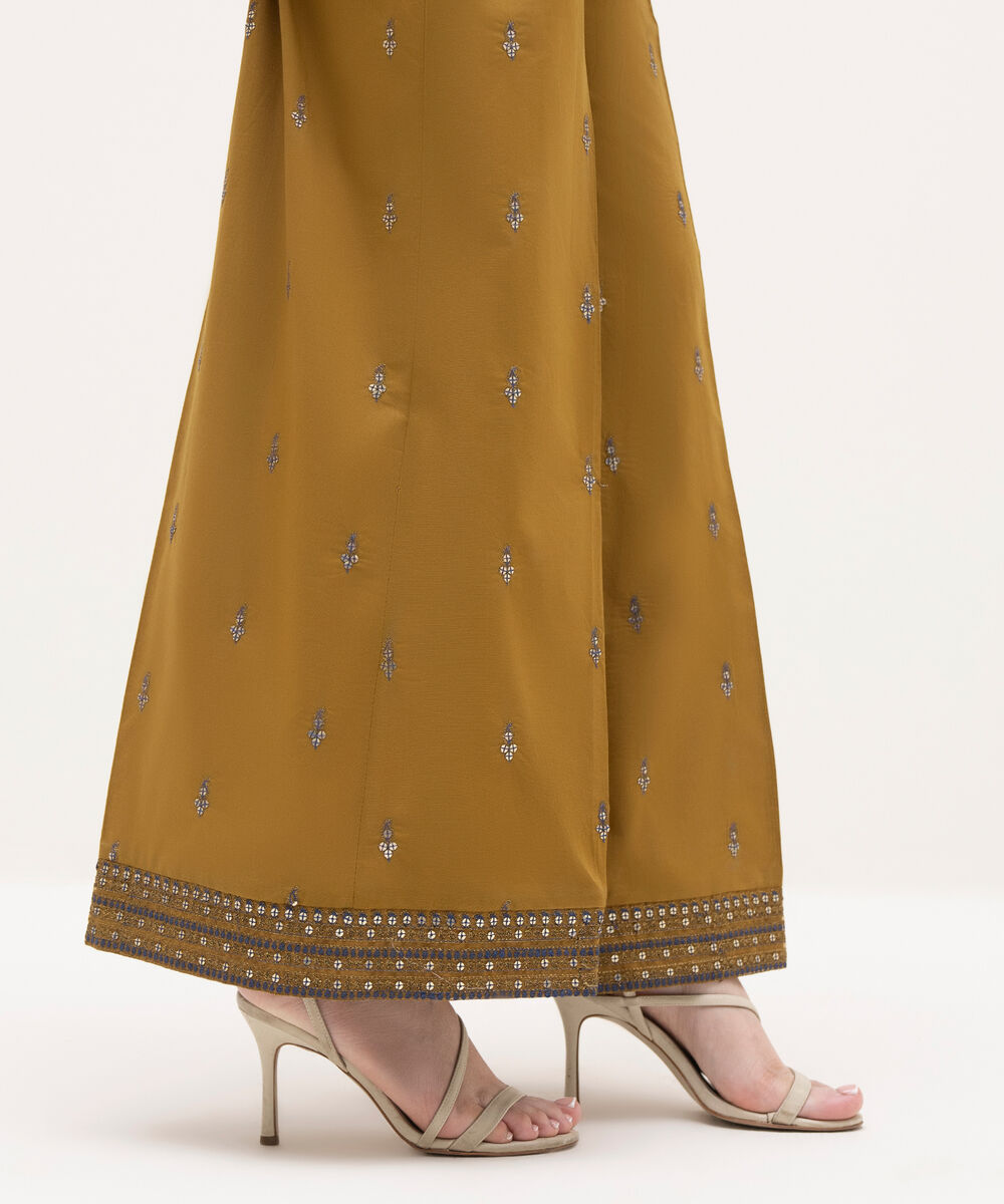 Women's RTW Cambric Mustard Embroidered Flared Pants