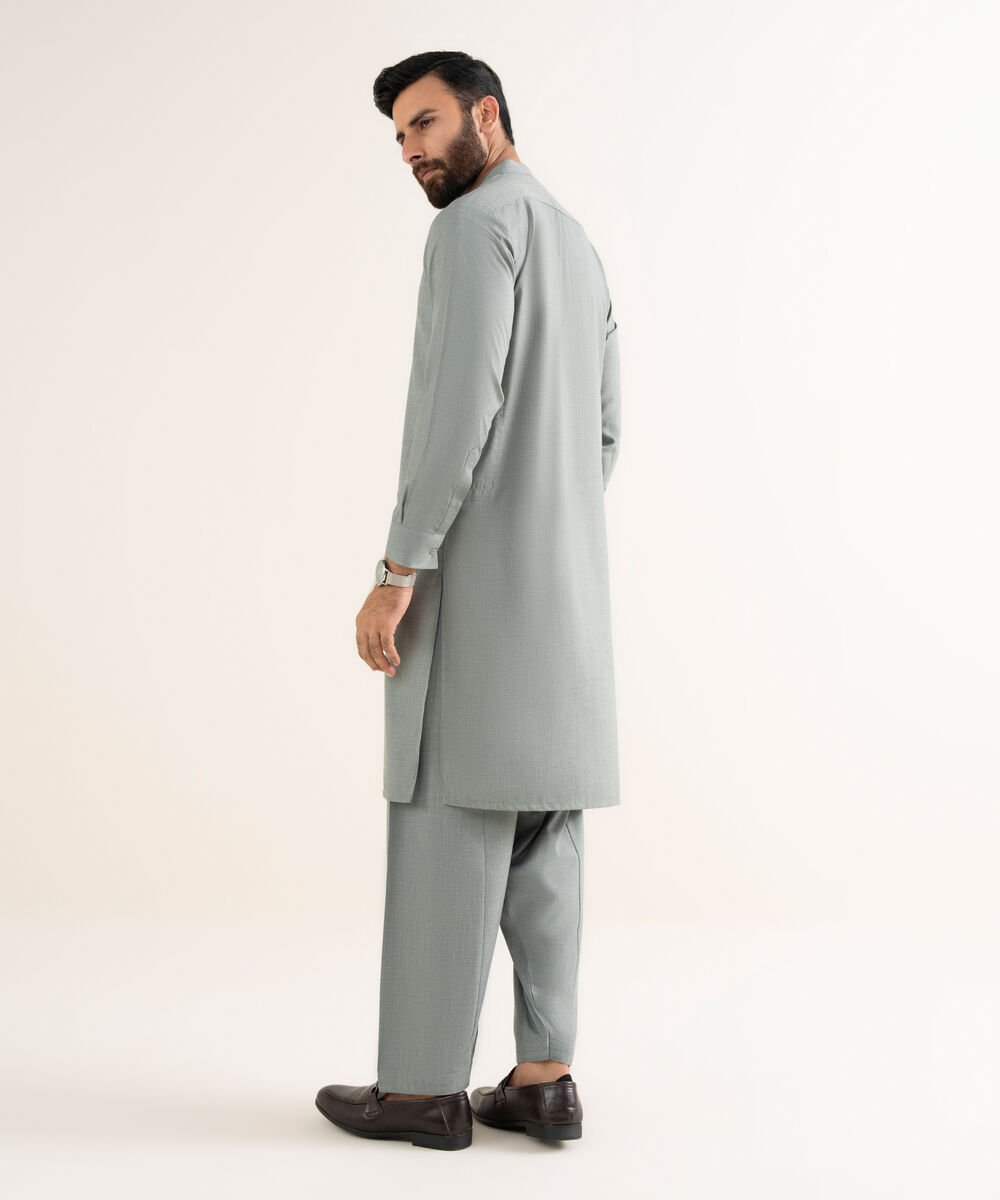 Men's Textured Wash & Wear Embroidered Grey Kurta Shalwar