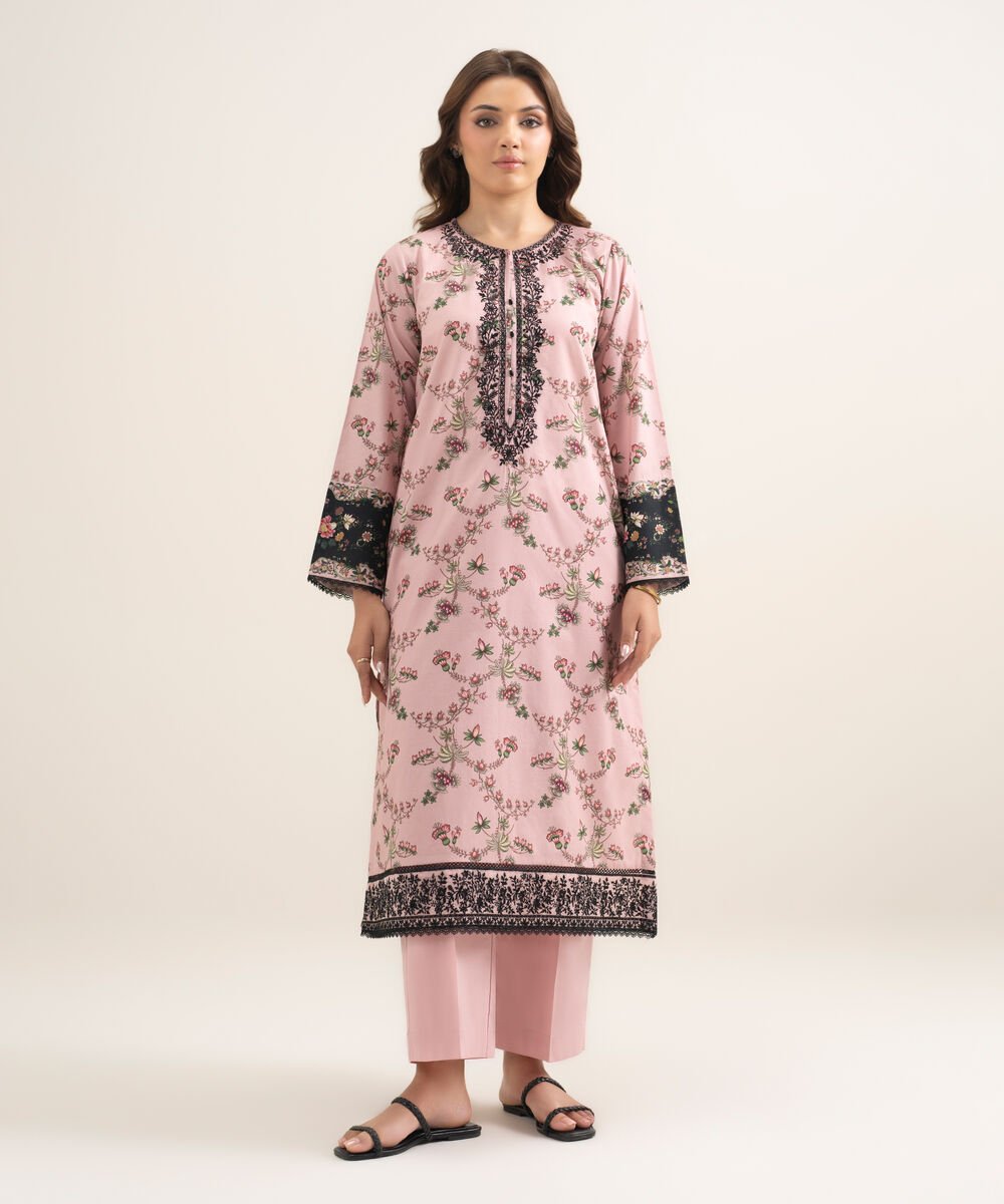 Women's RTW Lawn Embroidered Pink A-Line Shirt