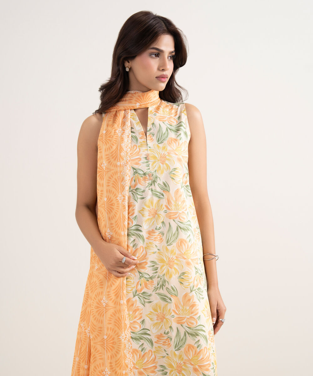 Women's Unstitched Lawn Orange Printed 3 Piece Suit