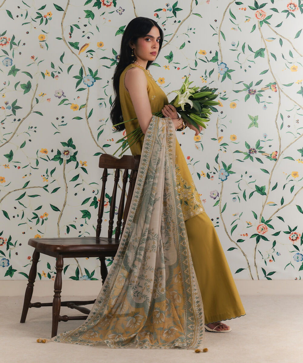Women's Unstitched Dobby Embroidered Yellow 3 Piece Suit
