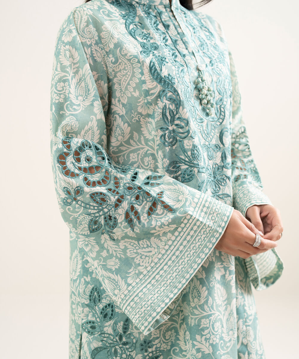 Women's Unstitched Lawn Embroidered Blue & White 3 Piece Suit