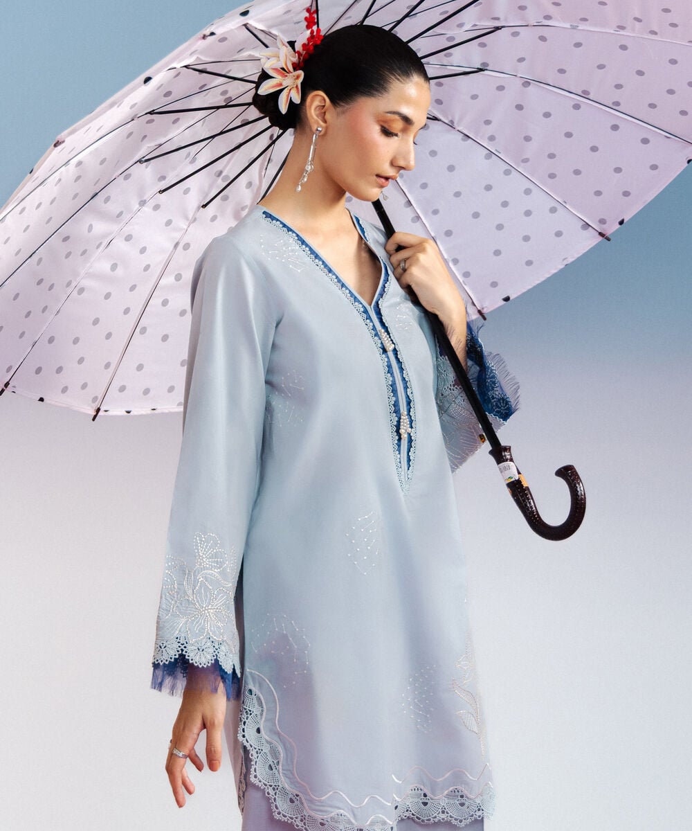 Women's RTW Cambric Embroidered Blue Straight Shirt