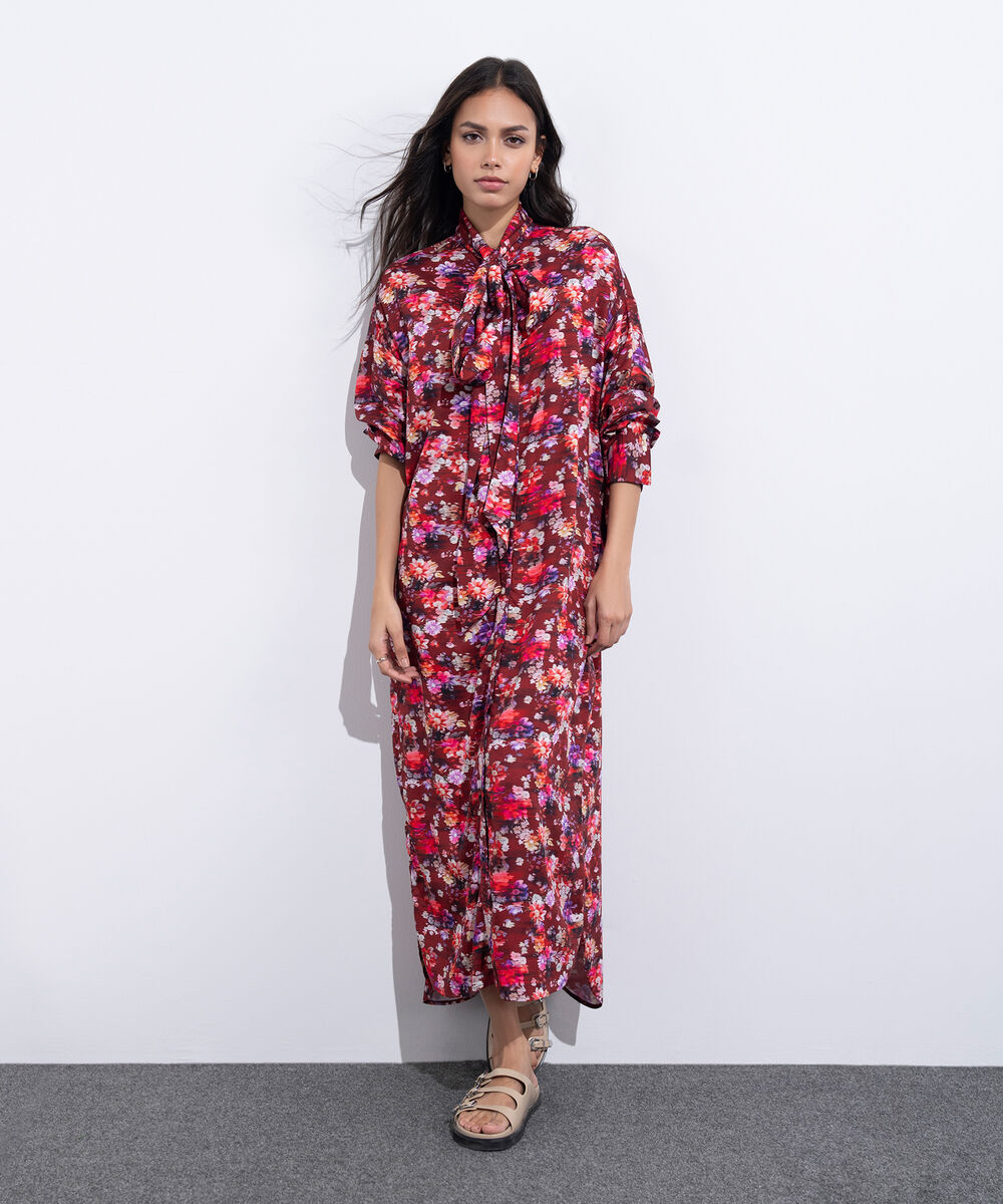 Women's Western Wear Red Printed Dress With Knot Detail