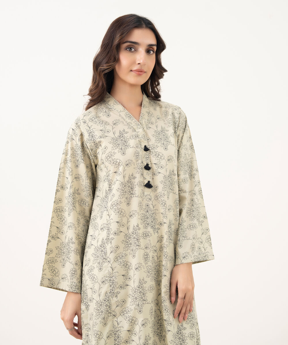Women's RTW Cotton Viscose Printed Straight Beige Shirt