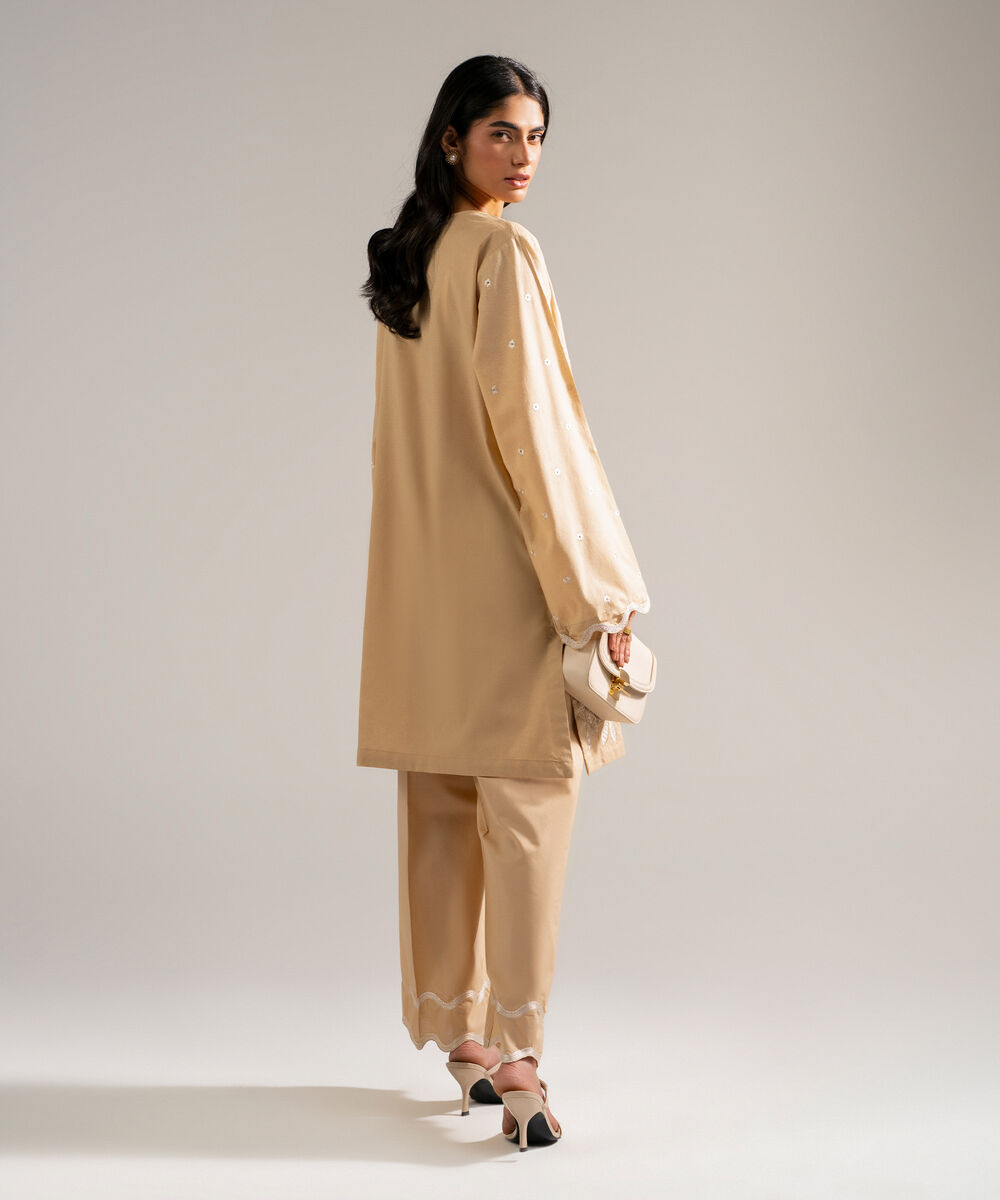 Women's RTW Self Jacquard Embroidered Beige 2 Piece Suit
