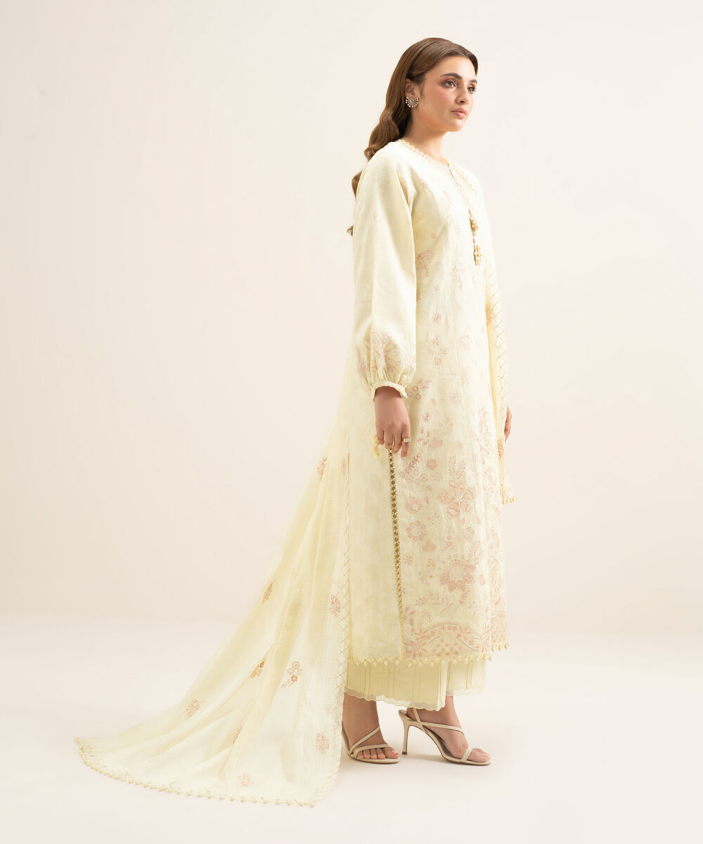 Women's Unstitched Cotton Jacquard Embroidered Off White 3 Piece Suit