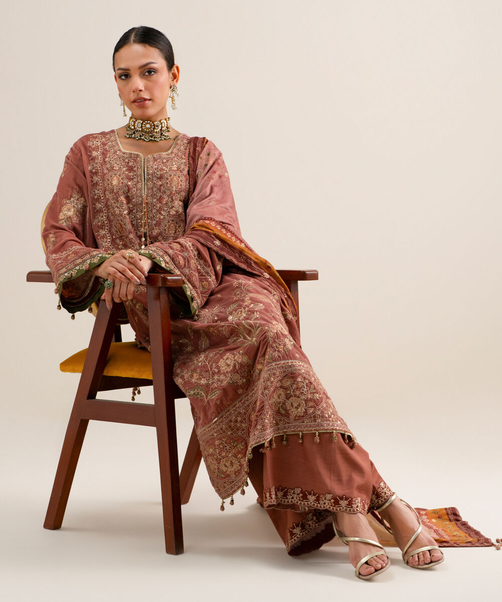 Women's Unstitched Embroidered Velvet Peach 3 Piece Suit