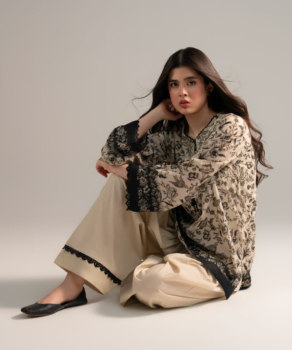 Women's RTW Lawn Printed Beige 2 Piece Suit