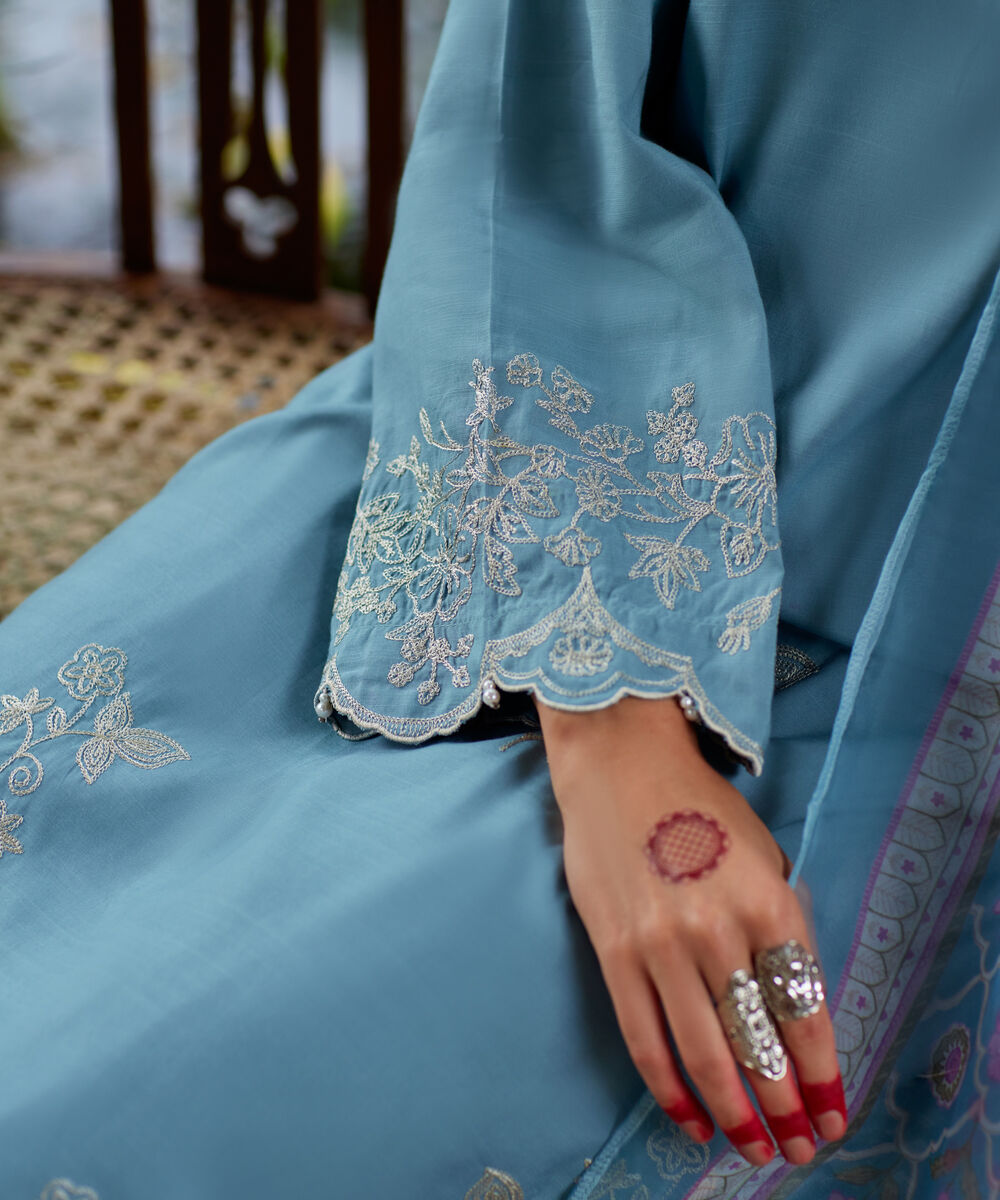 Women's RTW Viscose Raw Silk Embroidered Blue 3 Piece Suit