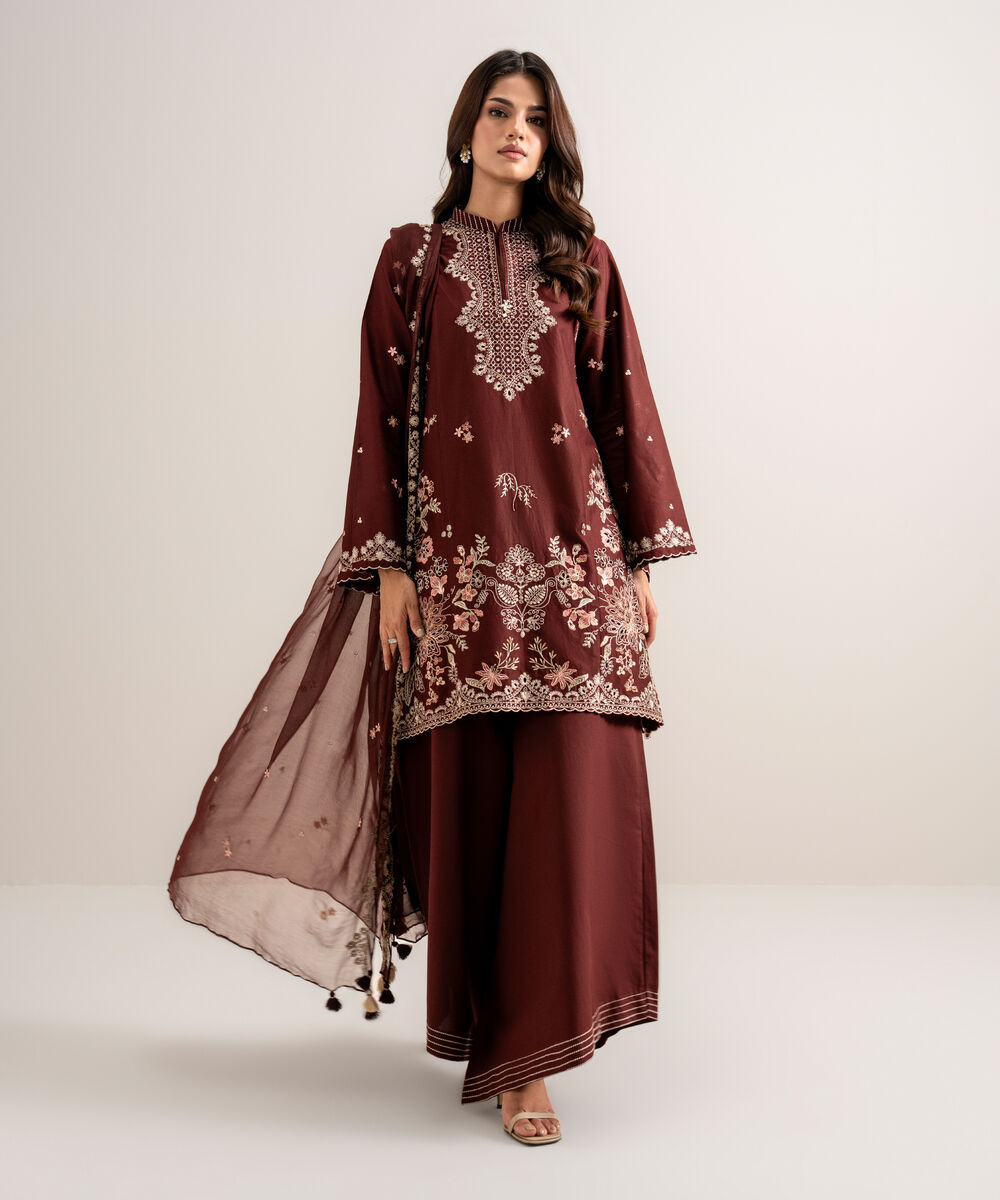 Women's Unstitched Embroidered Cotton Viscose Maroon 3 Piece Suit