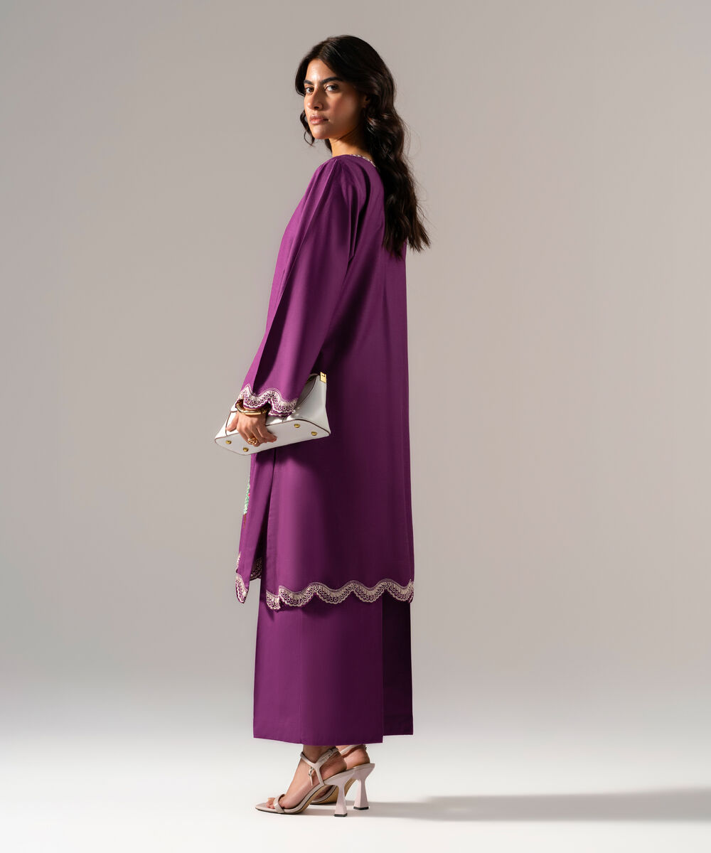 Women's RTW Solid Embroidered Purple Cotton Viscose Shirt