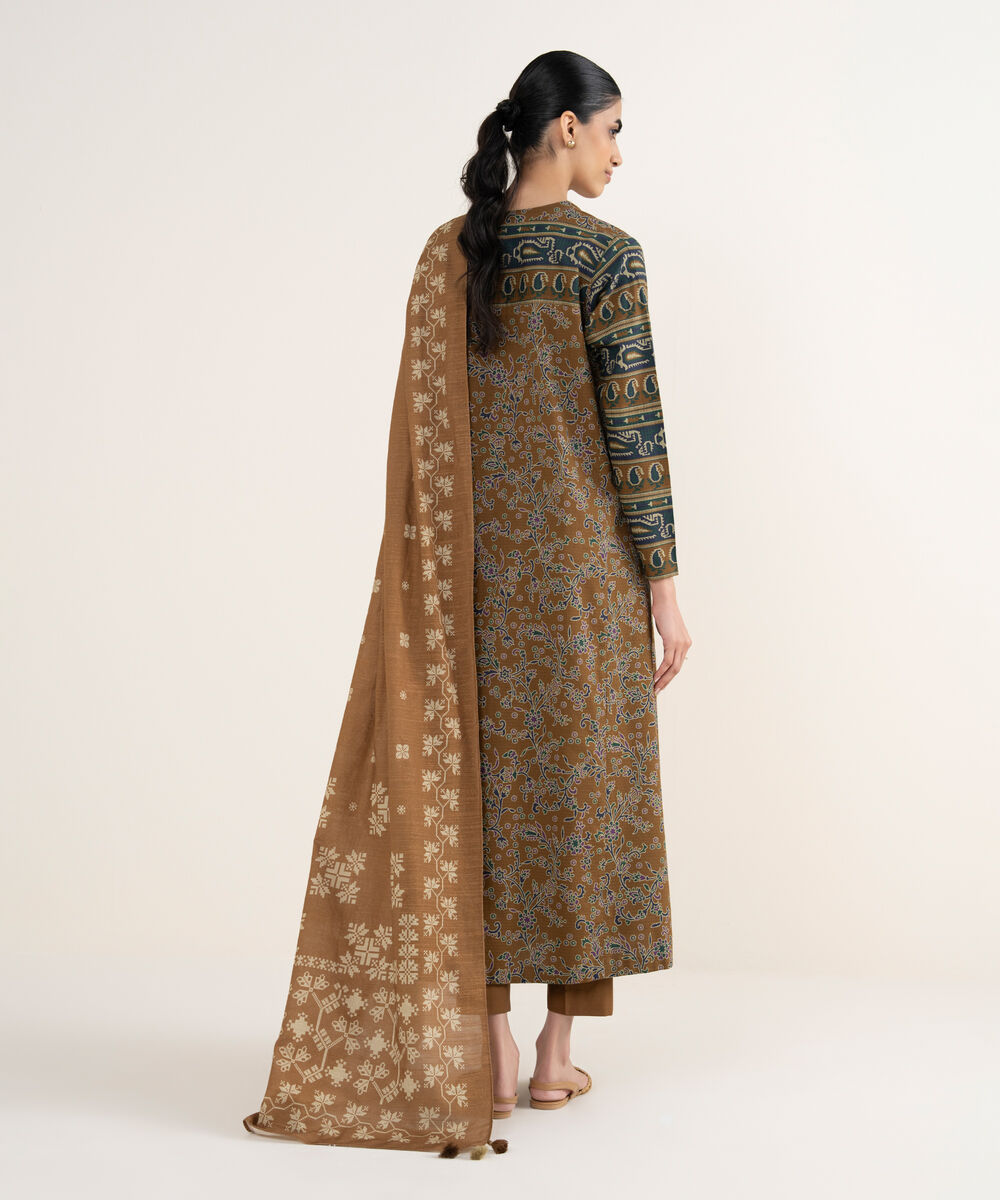 Women's Unstitched Printed Dobby Rust and Magenta 3 Piece Suit