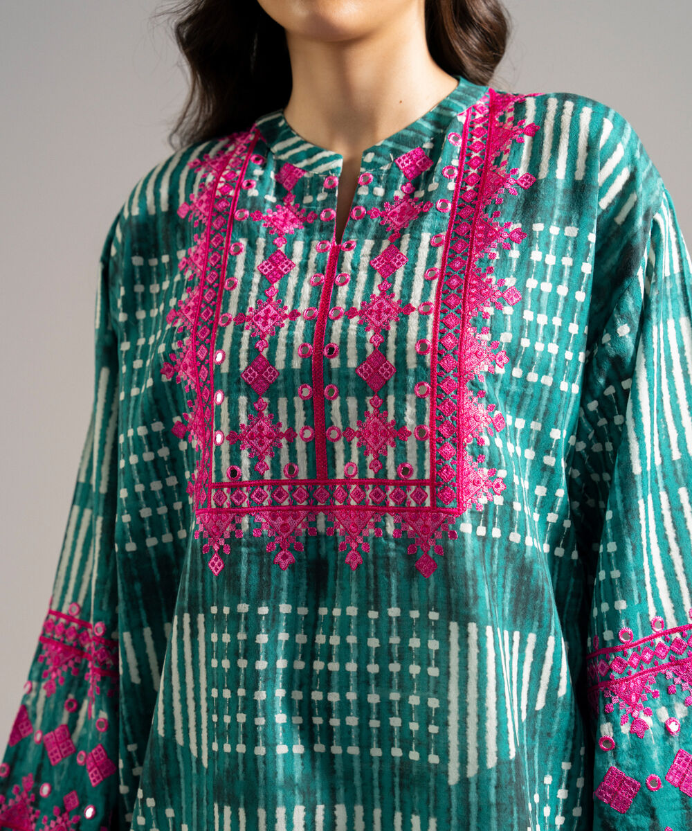 Women's RTW Dobby Embroidered Green Drop Shoulder Shirt