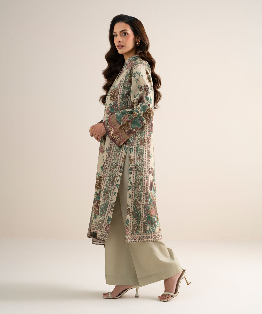 Women's Unstitched Cotton Printed Light Beige  3 Piece Suit