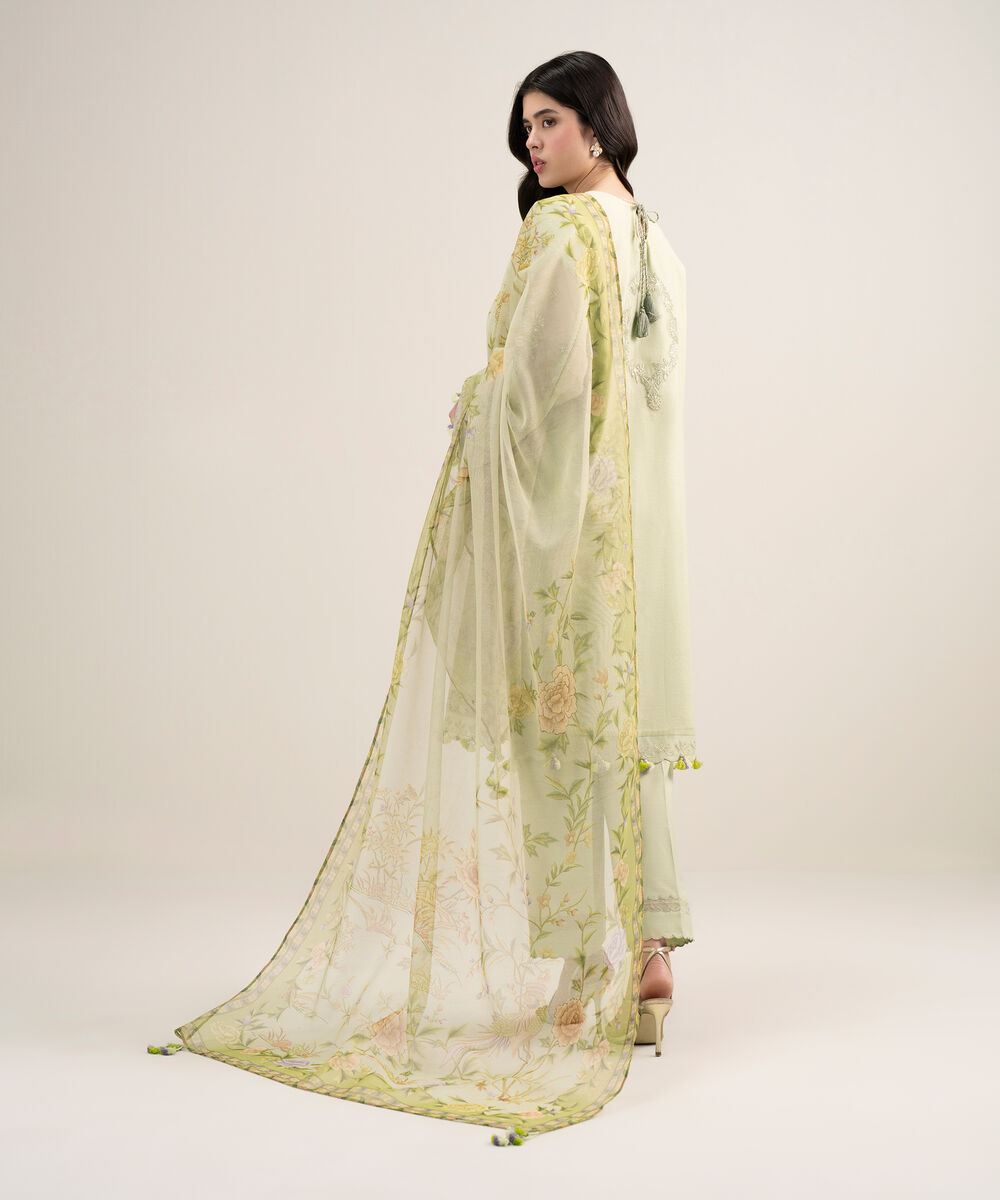 Women's Unstitched Blended Viscose Khaddi Net Embroidered Green 3 Piece Suit