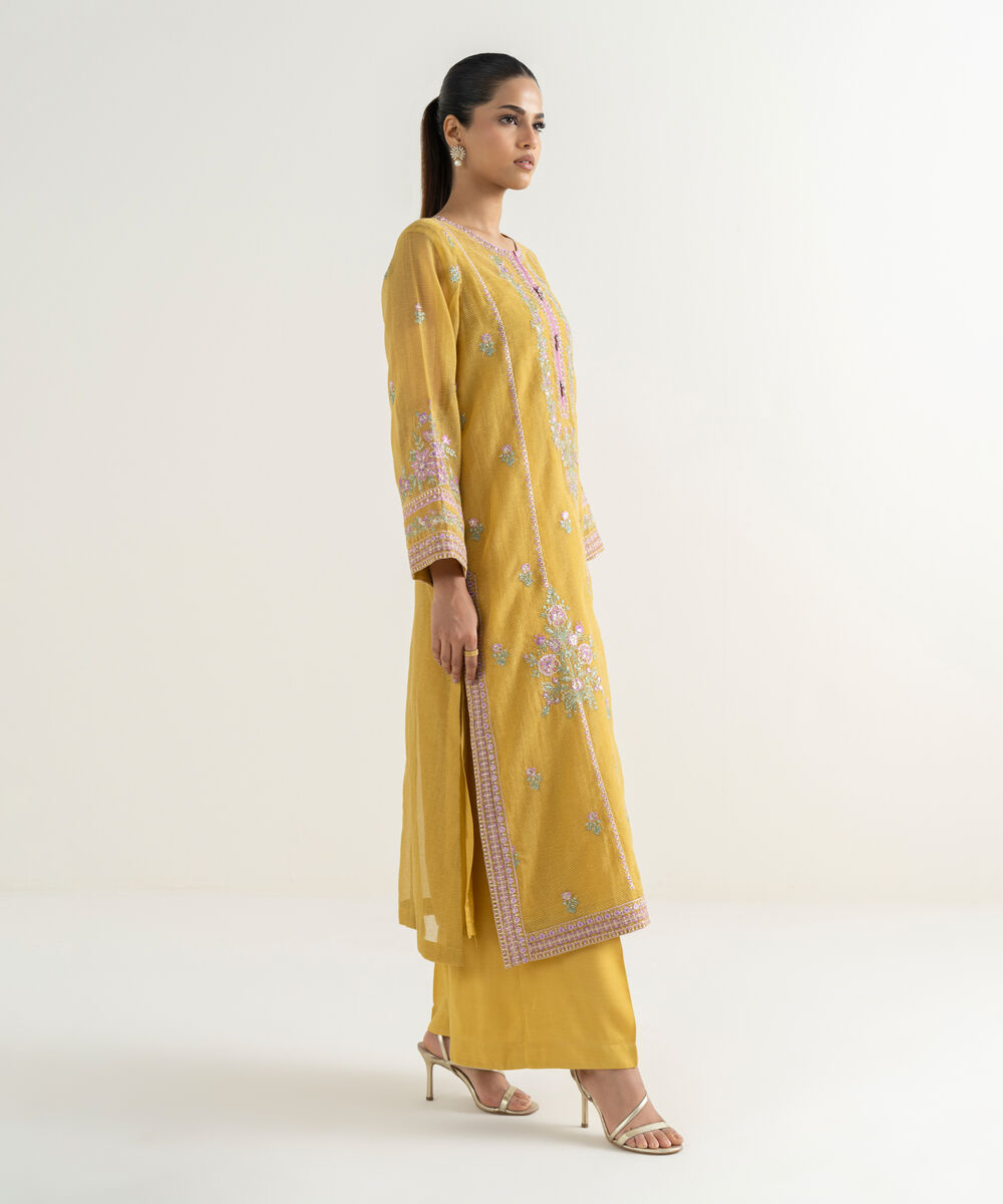 Women's RTW Blended Textured Karandi Embroidered A-Line Yellow Shirt