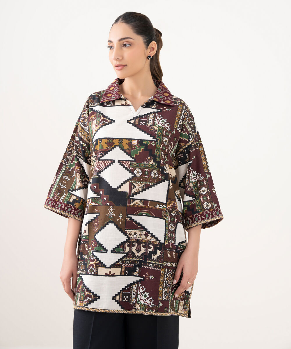 Women's RTW Light Khaddar Embroidered Brown Drop Shoulder Shirt