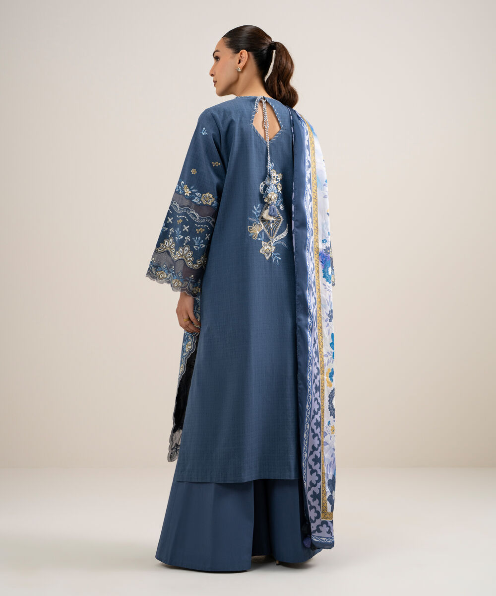 Women's Unstitched Dobby Embroidered Blue  3 Piece Suit