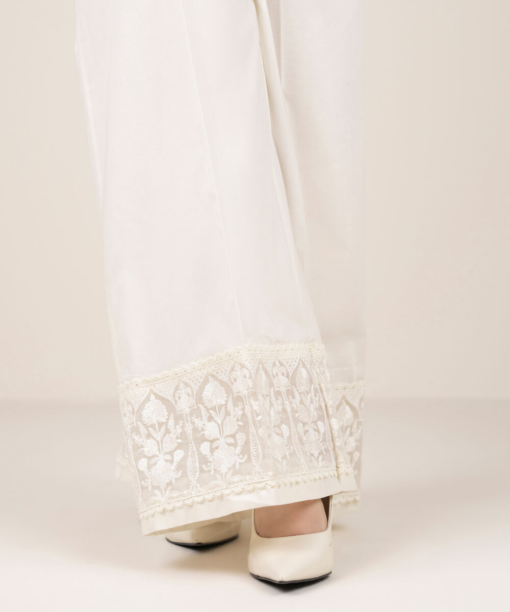 Women's RTW Cotton Embroidered White Flared Pants
