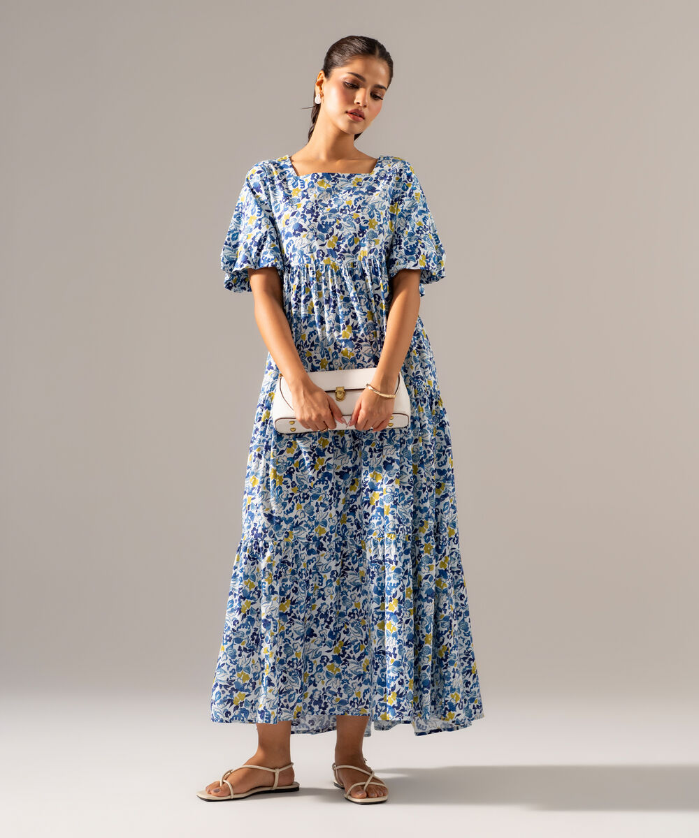Women's RTW Cotton Viscose Printed Blue Dress
