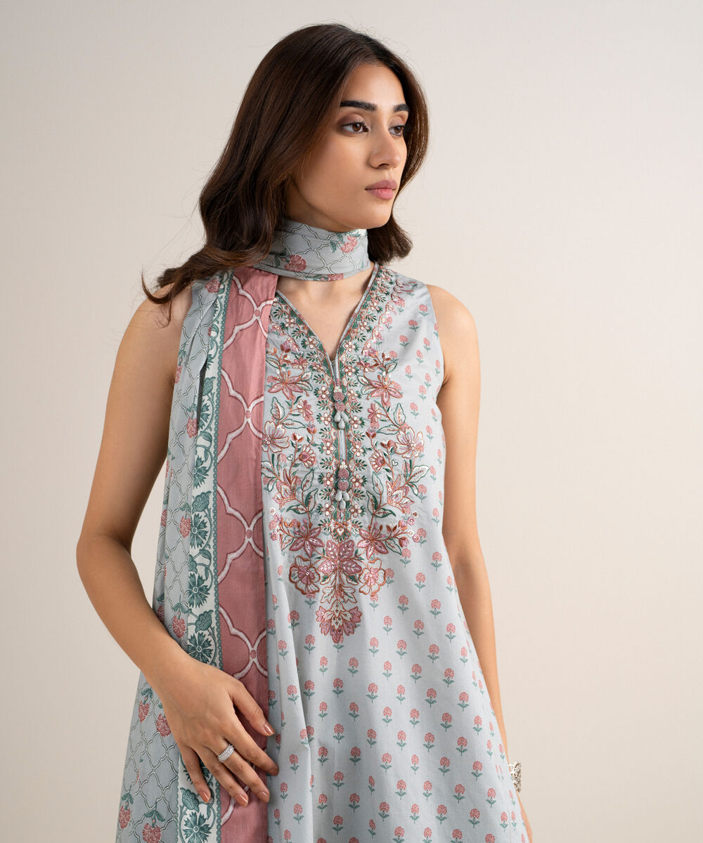 Women's Unstitched Lawn Embroidered Grey 3 Piece Suit