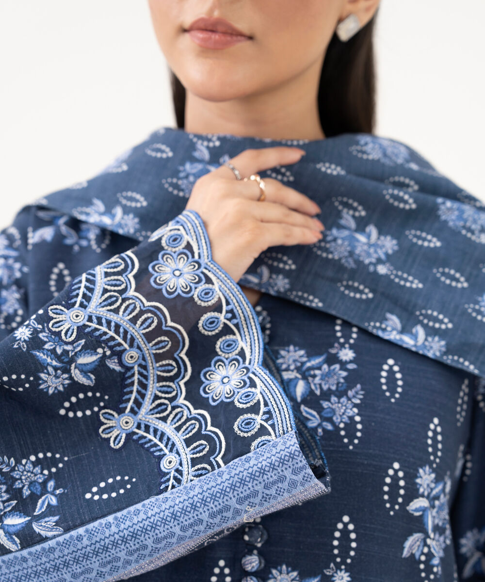 Women's Unstitched Light Khaddar Embroidered Blue 3 Piece Suit