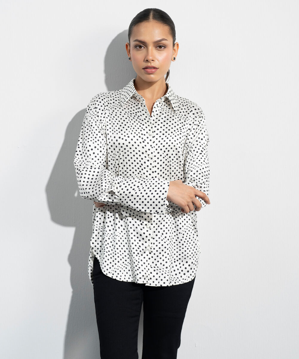 Women's Western Cream And Black Polka Dot Satin Shirt