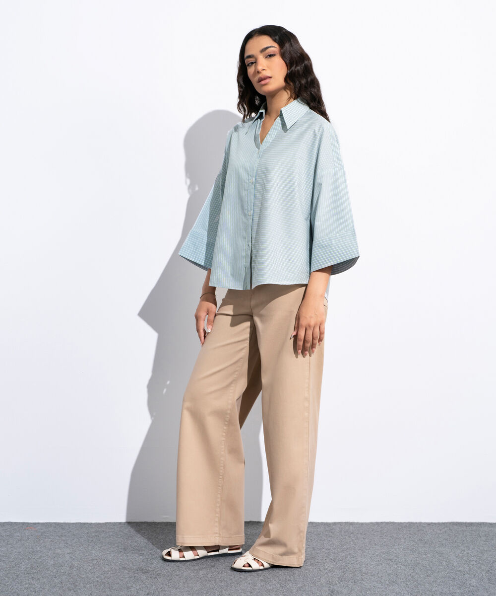 Women's Multi Striped Poplin V-Neck Shirt