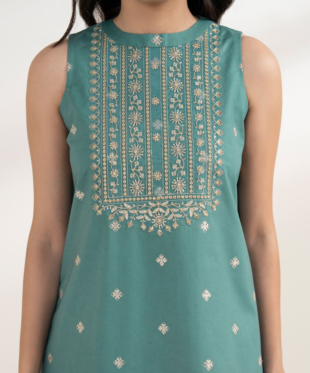 Women's Unstitched Cotton Embroidered Green 3 Piece Suit