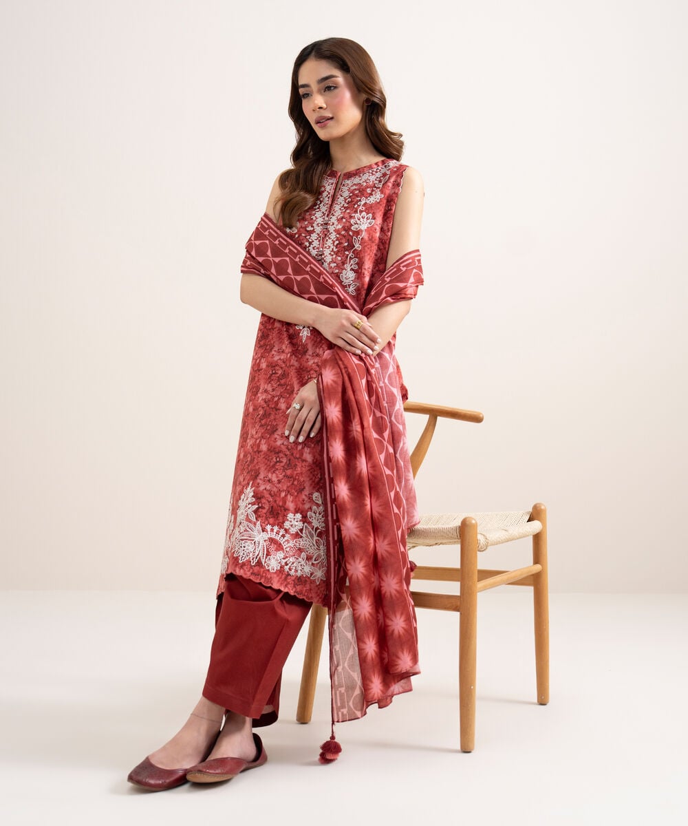 Women's Unstitched Lawn Embroidered Red 3 Piece Suit