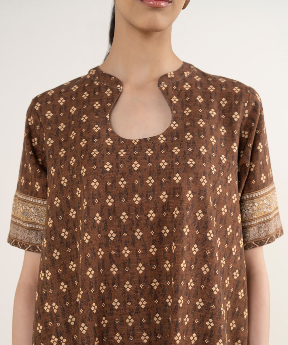 Women's Unstitched Printed Khaddar Brown 3 Piece Suit