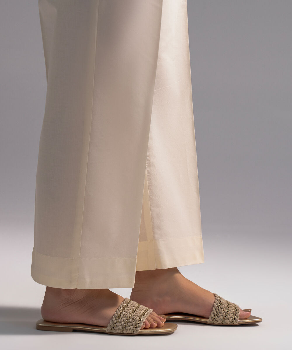 Women's RTW Cambric Solid Off White Straight Pants