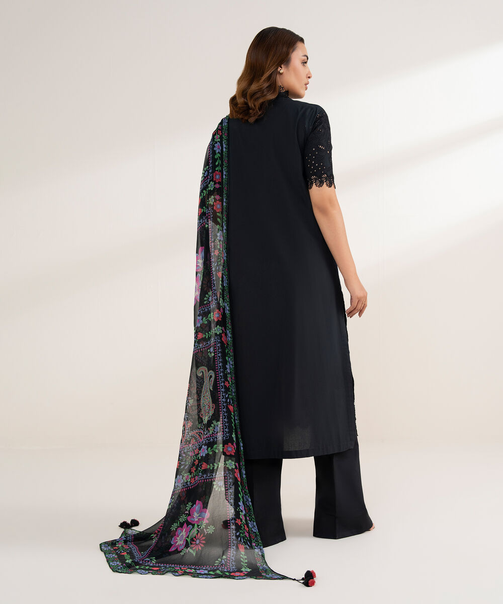 Women's Unstitched Cotton Embroidered Black 3 Piece Suit