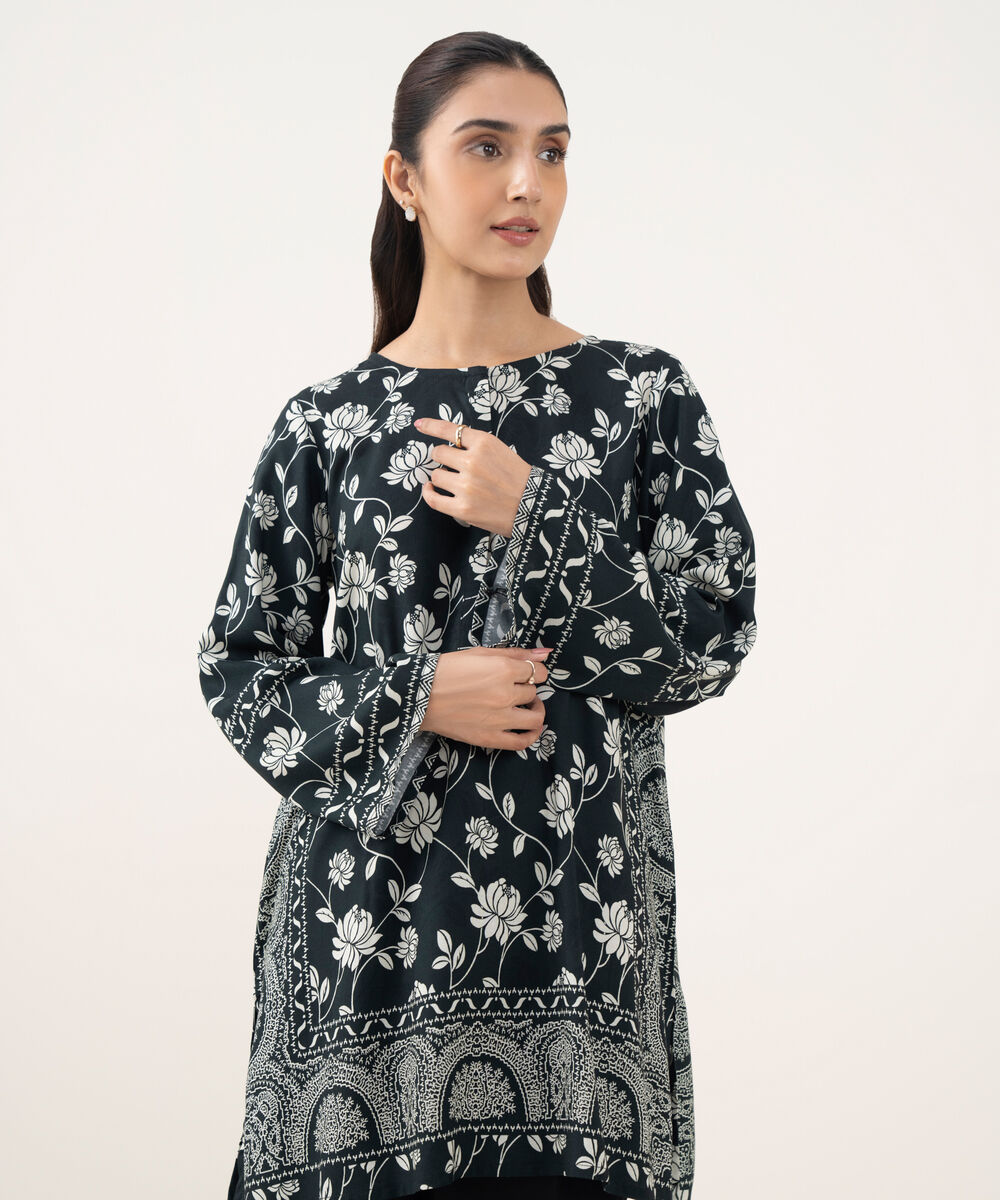 Women's RTW Linen Viscose Printed Black Straight Shirt