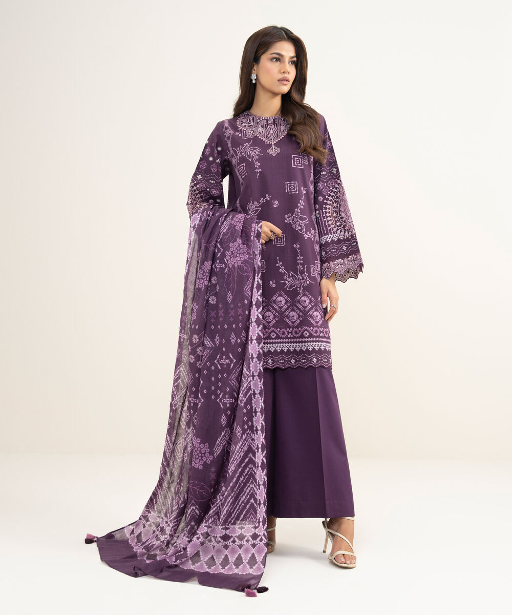 Women's Unstitched Lawn Embroidered Purple 3 Piece Suit