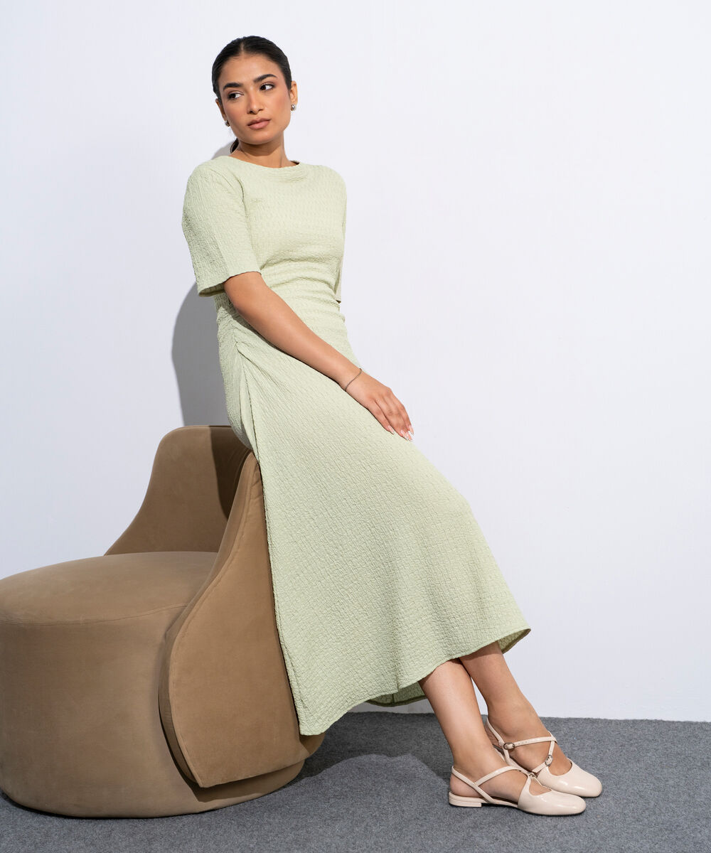 Women's Light Green Cinched Waist Textured Dress