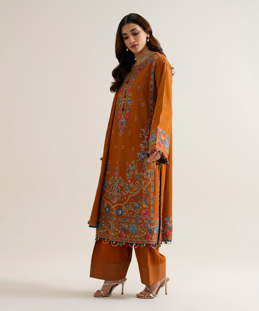 Womens Unstitched Cotton Twill Embroidered Burnt Orange 3 Piece Suit