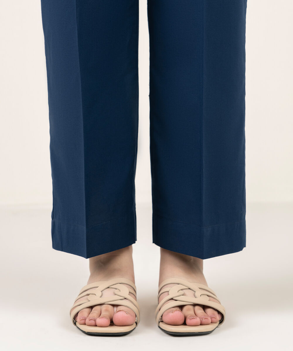 Women's RTW Cambric Solid Blue Straight Pants