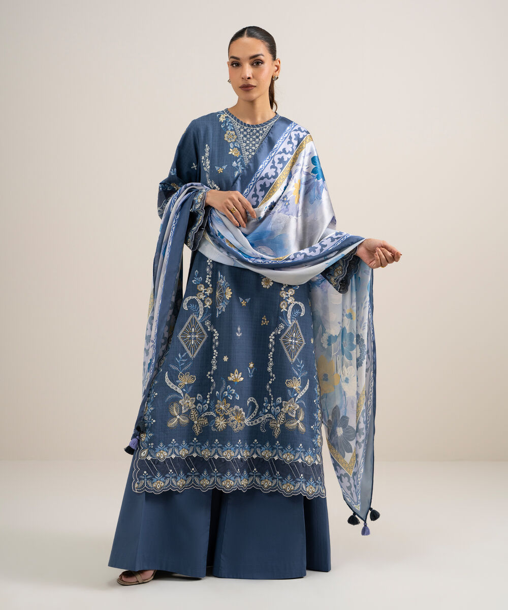 Women's Unstitched Dobby Embroidered Blue  3 Piece Suit