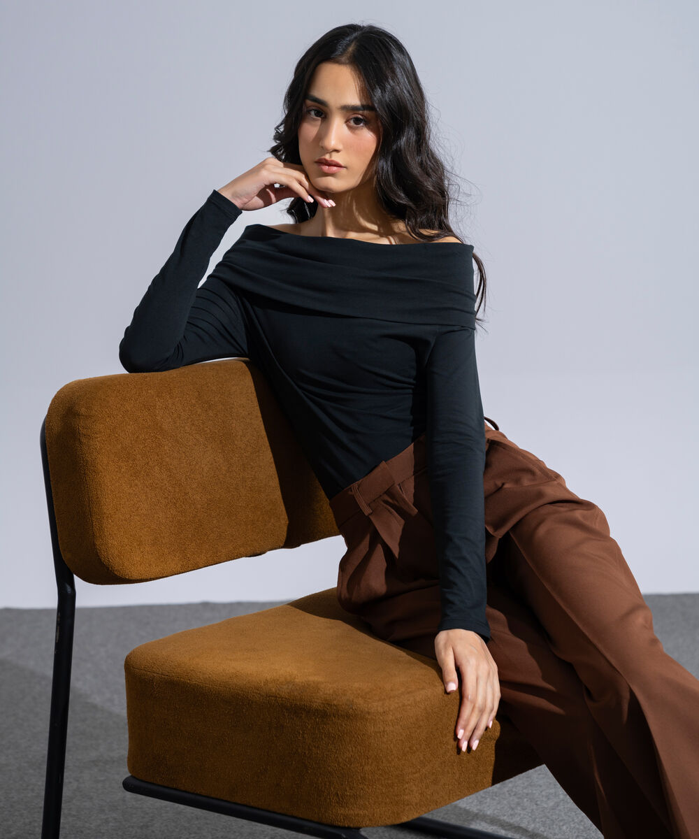 Women's Western Wear Black Cotton Off-Shoulder Top