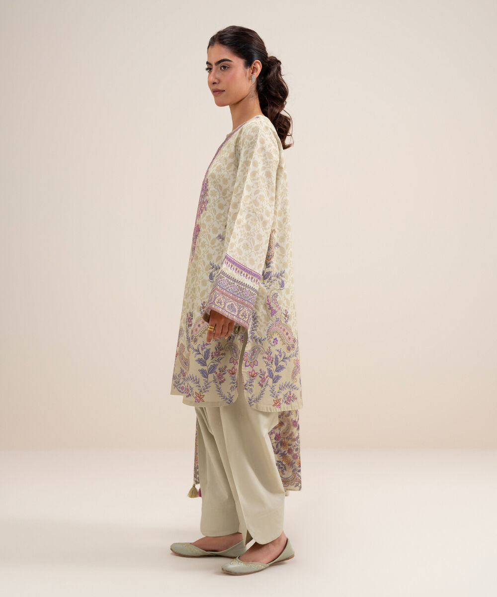 Women's Unstitched Lawn Embroidered Off White 3 Piece Suit